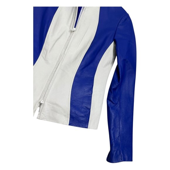 DANIER LEATHER Blue Luxury Designer Casual Motorcycle Bomber Jacket Womens 3XS - Picture 4 of 7